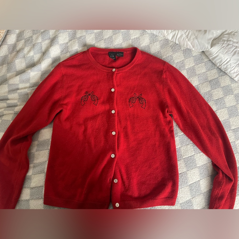 ec star LG Punk Rockabilly cherry red cardigan with embroidered guns